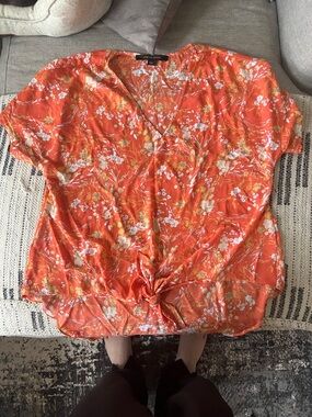 Cynthia Steffe Coral Floral Tie-Front V-Neck Blouse